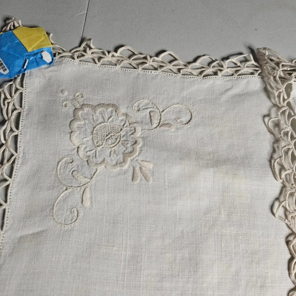 Vintage Cream Linen Napkins Hand Embroidered Floral Crocheted Lace Trim Set of 2